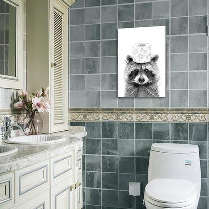 Danseed 4pcs Raccoon Bathroom Canvas Wall Art - Modern Black & White Animal Decor for Washroom