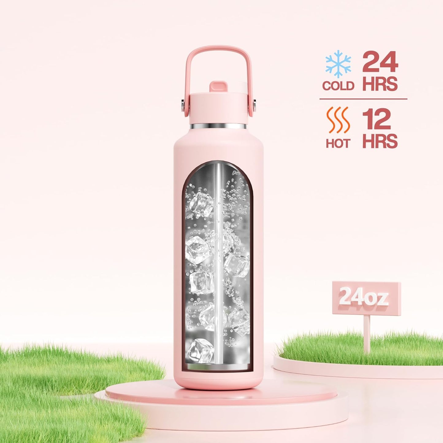 POWCAN Insulated 24 oz Water Bottle - Leakproof, Keeps Drinks Cold for 24H | Lightweight Metal with Straw (Cotton Candy)