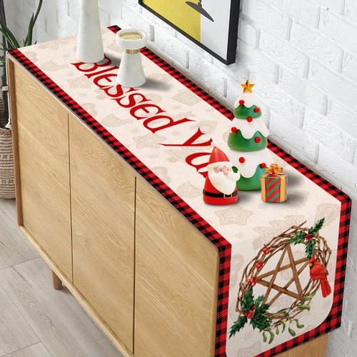 Blessed Yule Table Runner - Buffalo Plaid Check Design for Winter Solstice | 13" x 72" Home Decor