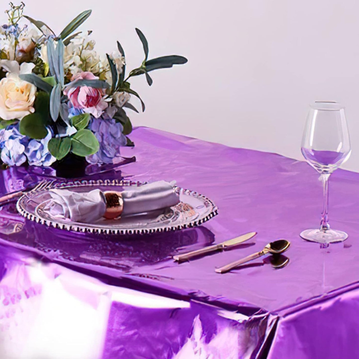 PartyWoo Purple Foil Tablecloth - Waterproof Metallic Rectangle Cover | 54 x 108 Inch, 3 Pack for Events