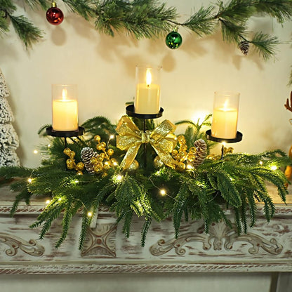 Skiennix Christmas Centerpiece - Elegant Candle Holders with Golden Glitter Bow & Pine Cones | 27.6" Table Decor