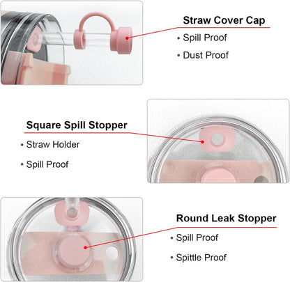 Stanley Replacement Straws - 6 Pack with Cleaning Brush & 4 Color Leak-Proof Plugs | Silicone Caps Included