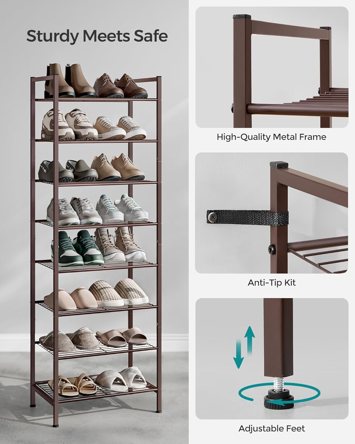 SONGMICS Narrow Shoe Rack - Sturdy 8-Tier Metal Organizer for Small Spaces | Bronze, 12"D x 17.6"W x 50.6"H