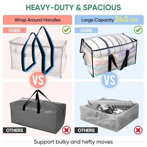 BALEINE 6-Pack Oversized Moving Bags with Reinforced Handles, Heavy-Duty Storage Tote for Clothes, Moving Supplies (Clear, 6-Pack)