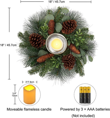 Skiennix 18-Inch Artificial Greenery Wreath - Rustic Christmas Decor with Detachable Glass Holder