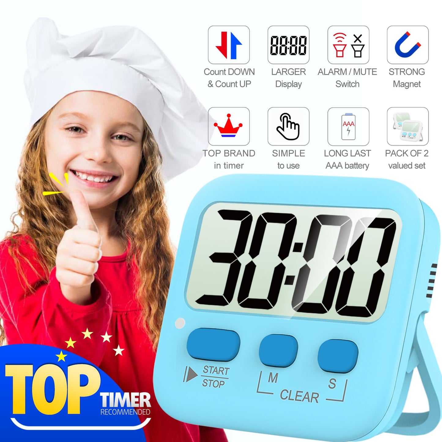 Antonki Timer, Timer for Kids, Kitchen Timers, Digital Timer for Cooking, Egg Timer, Classroom Timer for Teacher, Magnetic Countdown Timer for Exercise, Study, Oven - Battery Included - Pack of 2