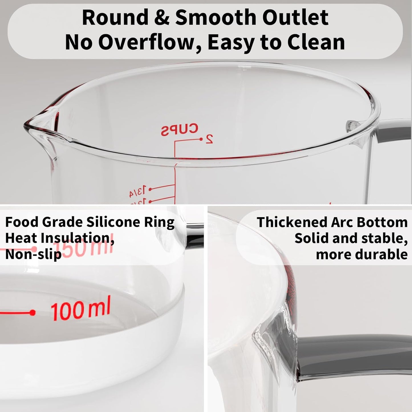 Newness 2-Cup Glass Measuring Cup - Upgraded Design with Cup/ML/Ounce Scale | Dishwasher & Microwave Safe