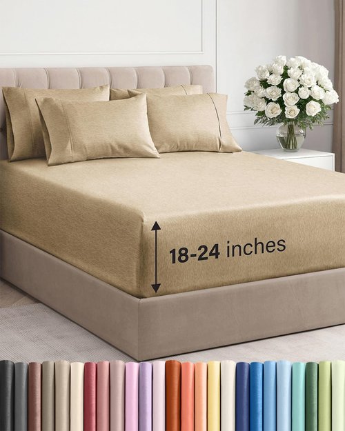 Extra Deep Full Sheet Set - 6 Piece Breathable and Cooling Sheets - Hotel Luxury Bedding for Women, Men, Kids & Teens - Easy & Secure Fit - Soft and Wrinkle Free - Extra Deep Pockets - Heathered Tan