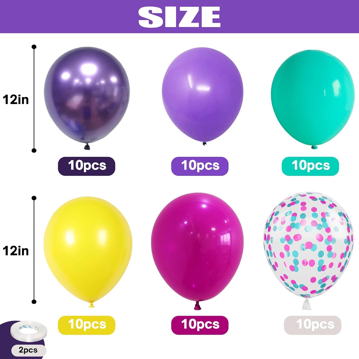 Skiennix 12-Inch Hot Pink, Purple & Teal Balloons - 60 Pcs Metallic Confetti for Kids' Birthday & Baby Shower Party Decor