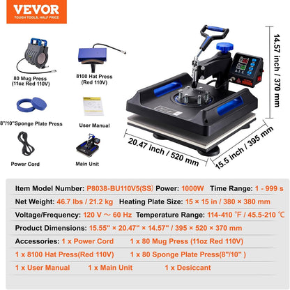 VEVOR 5 in 1 Heat Press Machine - 15x15 Inch Digital Control for T-Shirt, Hat, Mug & Plate Sublimation | Blue