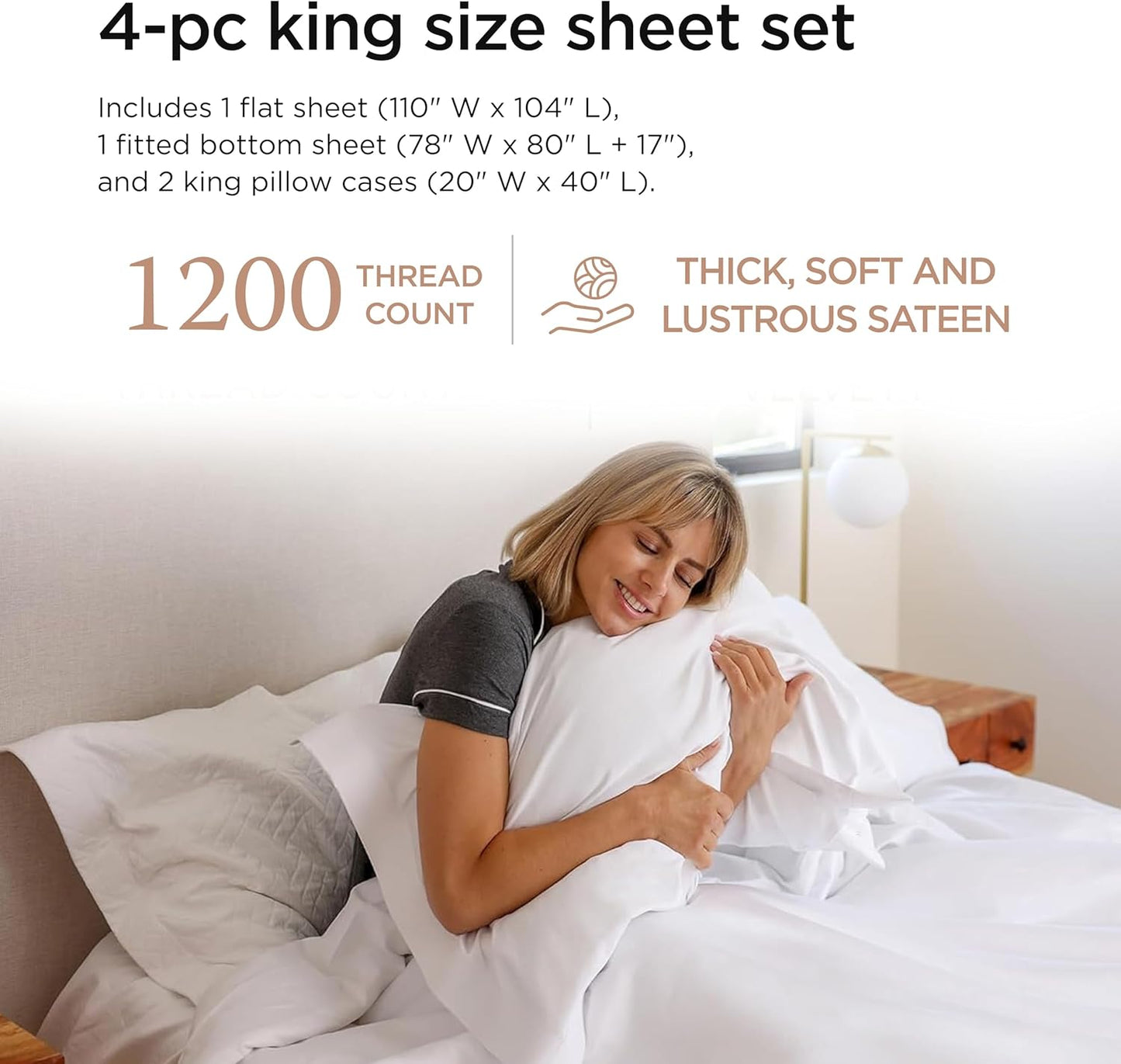 Threadmill 100% American Certified Supima Cotton King Size Sheets - 1200 Thread Count, Ultra Luxury 4-Pc Set, Deep Pocket - White