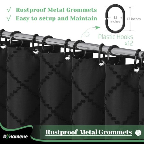 Dynamene Boho Farmhouse Shower Curtain, Black Fabric Chenille Tufted Geometric Striped Textured Cloth Tassel Shower Curtains for Bathroom, Minimalist Shabby Chic Shower Curtain Set 12 Hooks, 72x72