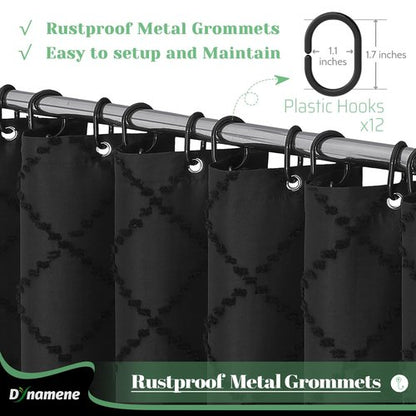 Dynamene Boho Farmhouse Shower Curtain, Black Fabric Chenille Tufted Geometric Striped Textured Cloth Tassel Shower Curtains for Bathroom, Minimalist Shabby Chic Shower Curtain Set 12 Hooks, 72x72