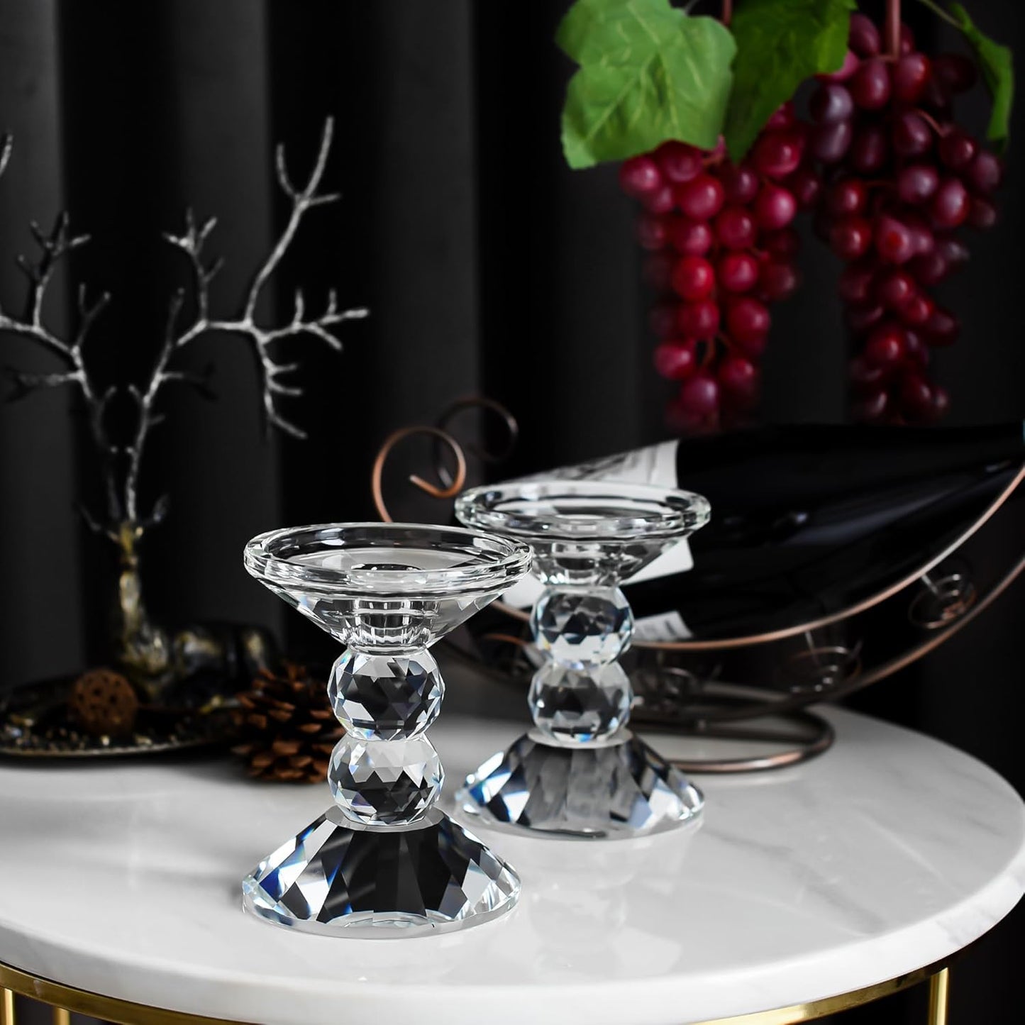Skiennix 2-Pack Crystal Candle Holders - Elegant Clear Taper & Pillar Candlesticks | 4.9in Tall Home Decor