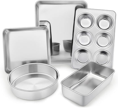 TeamFar Bakeware Set - Stainless Steel Baking Pans for Toaster Oven | Heavy Duty & Dishwasher Safe - 5 Pieces