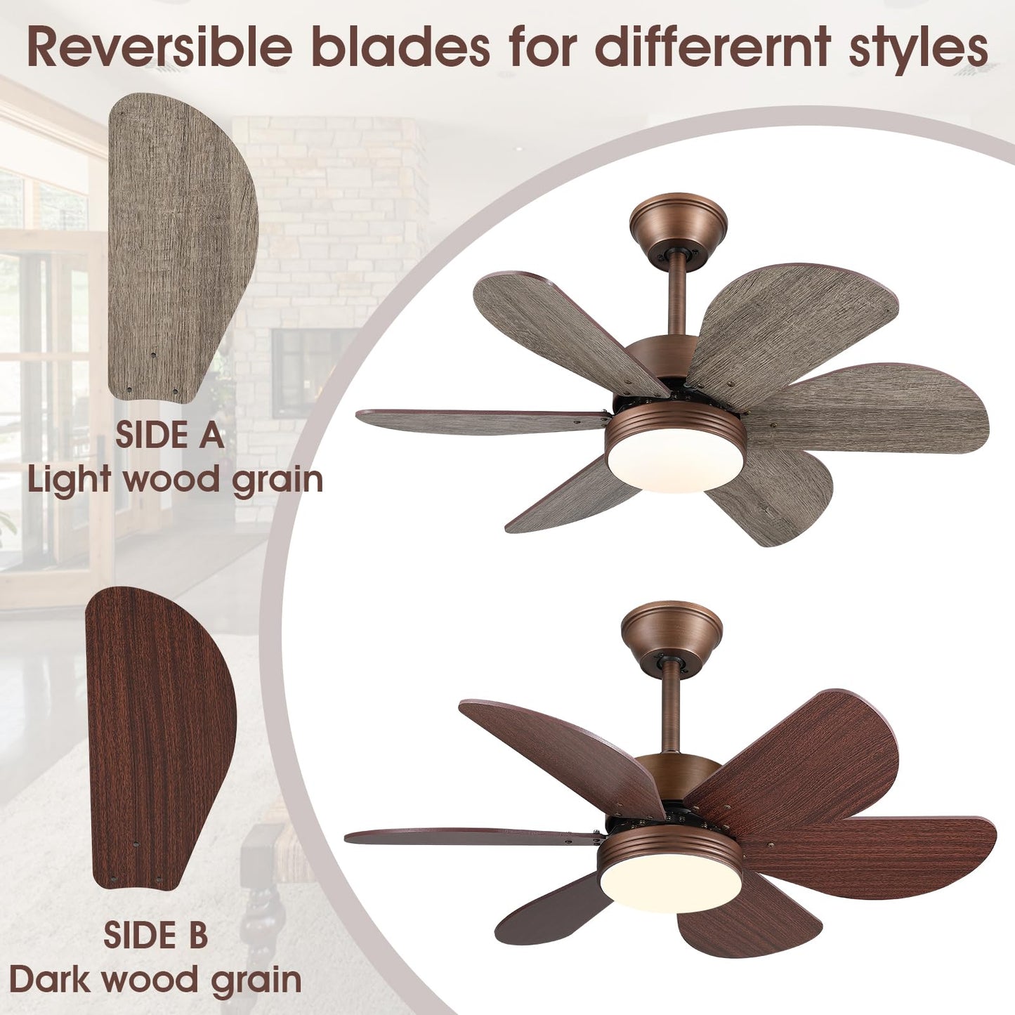 MADSHNE Ceiling Fans with Lights and Remote,36" Bronzed Outdoor Ceiling Fans with 6 Reversible Wood Blades,Small Modern Low Profile Ceiling Fans for Patio Kitchen Bedroom