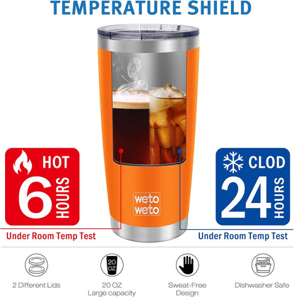 WETOWETO 20oz Stainless Steel Tumbler - Vacuum Insulated Travel Mug with 2 Lids & Straws | Orange