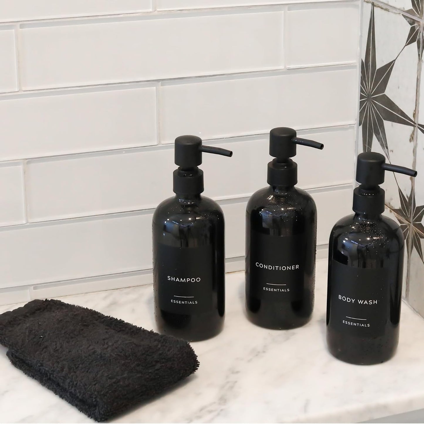 Stylish Shampoo and Conditioner Dispenser Set - Modern 21oz Black Shower Soap Bottles with Pump & Labels