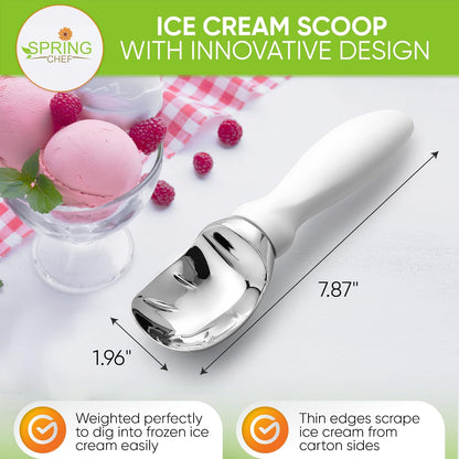 Spring Chef Ice Cream Scoop - Heavy Duty Metal Scooper with Comfortable Handle | Dishwasher Safe for Gelato, Sorbet, Sundae