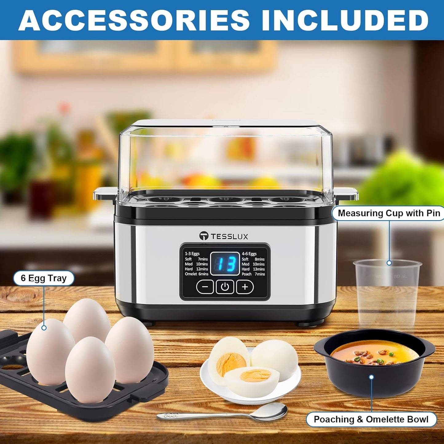 Skiennix Electric Egg Cooker - 6 Egg Capacity for Hard Boiled, Poached, Scrambled Eggs | Auto Shut Off, Silver