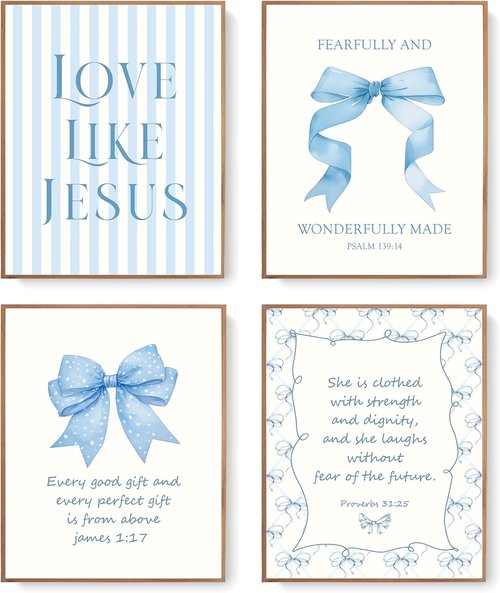 LARTSFRO Coquette Blue Bow Wall Art - Inspirational Christian Decor for Bedroom & Bathroom | Set of 4 Unframed 10x8 Inch Prints