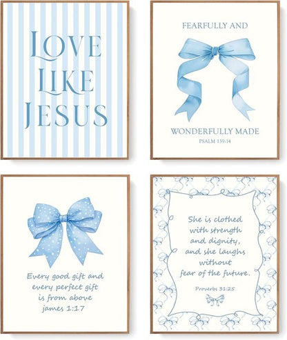 LARTSFRO Coquette Blue Bow Wall Art - Inspirational Christian Decor for Bedroom & Bathroom | Set of 4 Unframed 10x8 Inch Prints