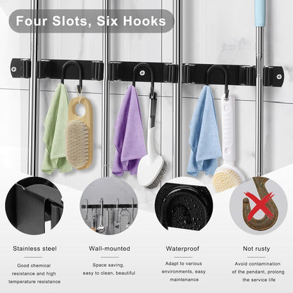 Skiennix Broom Holder Wall Mount - Stainless Steel Mop Hanger with 4 Slots & 6 Hooks | Black 1-Pack for Home Organization