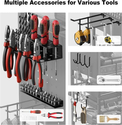 JUNNUJ Power Tool Organizer - Adjustable Floor Stand with Charging Station & 8 Outlet Power Strip | Heavy-Duty Black Utility Shelf
