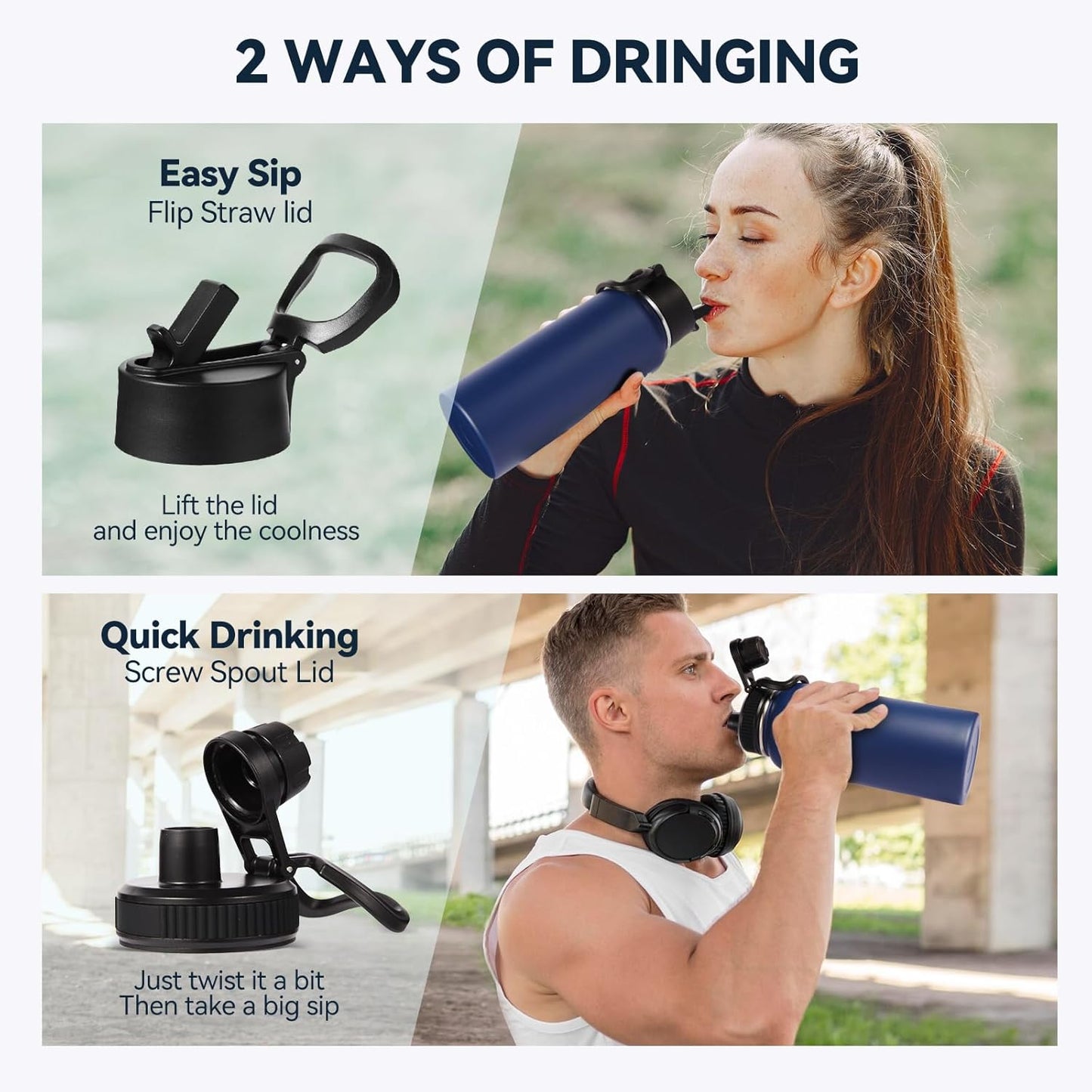 Neihepal 32 oz Insulated Water Bottle - 18/8 Stainless Steel with Straw & Spout Lids | Navy, 1 Pack