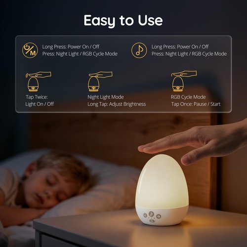 JolyWell Night Light for Kids, Baby Night Light with Sound Machine, RGB Egg Night Light for Nursery, Stepless Dimming, Touch Control, Night Lamp for Kids Bedroom, Safe & Harmless, Eye-Caring