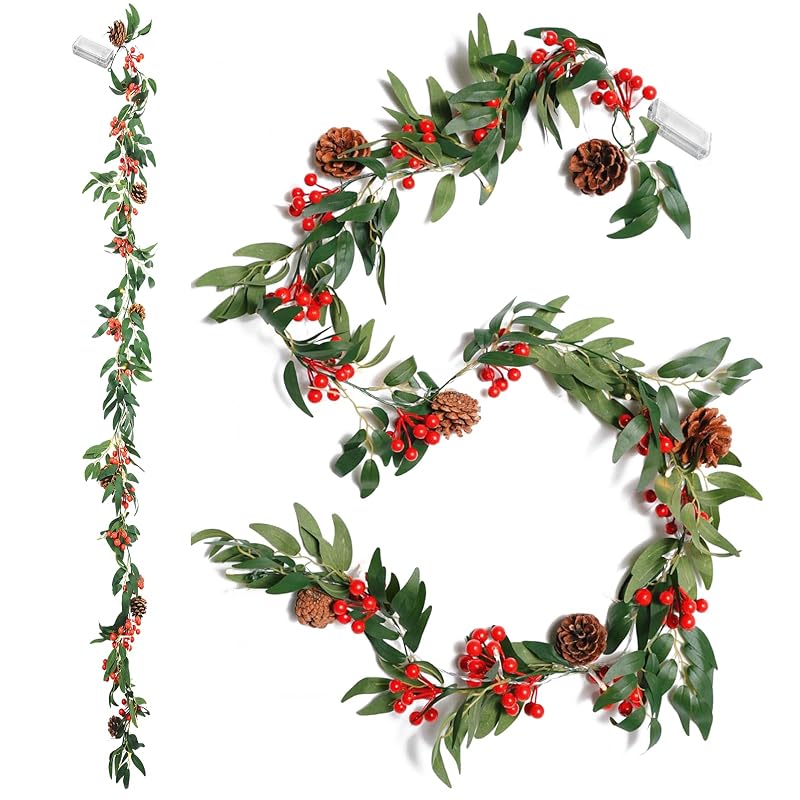 2 Pack 6ft Pre-lit Christmas Garland with Lights — Artificial Holly, Berries & Pine Cones (Variation: Willow Leaf)
