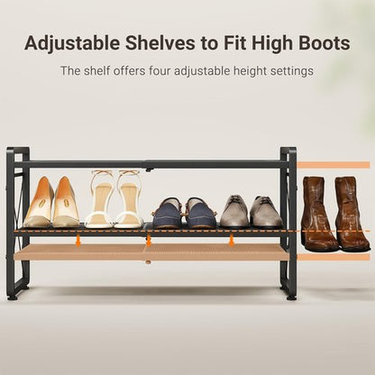 ELYKEN Shoe Rack - 2-Tier Expandable Organizer with 4 Hooks | Metal Black Shoe Shelf for Entryway