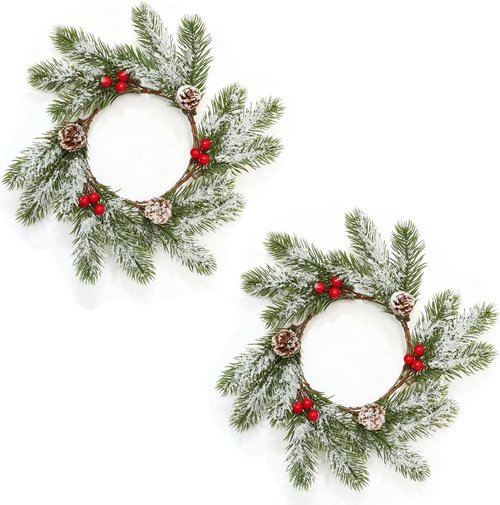 Frosted Pine Garland Candle Rings by 2 Pcs | Mini Artificial Wreaths with Red Berries & Pinecones - 11 Inch Xmas Decor