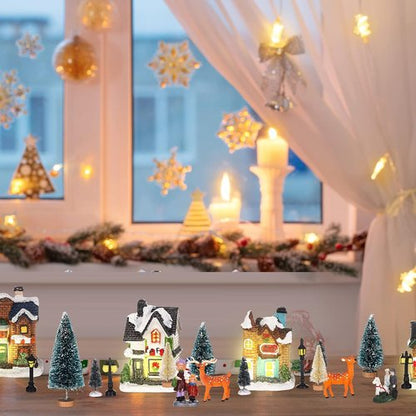 Gerrii Christmas Village Figurines Set - 31 Pcs LED Lighted Houses & Snow Blanket for Festive Decor