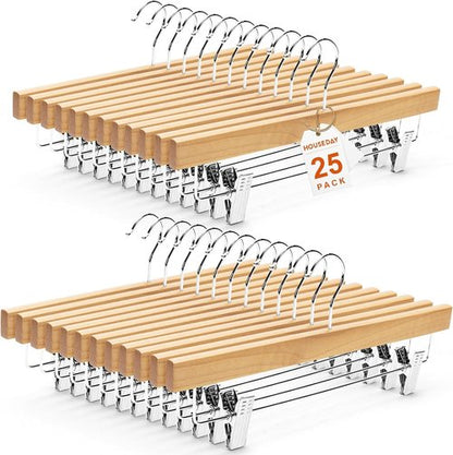 HOUSE DAY Premium Wooden Pants Hangers - 25 Pack Solid Lotus Wood with Adjustable Clips | Heavy Duty Anti-Slip Design (Natural)