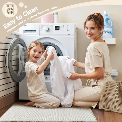 TYUU Cream White Long Bathroom Rugs, Waffle Runner Rug Bathroom Non Slip Washable Super Absorbent Quick Dry Boho Farmhouse Bath Mat, 60"x24" Cream White