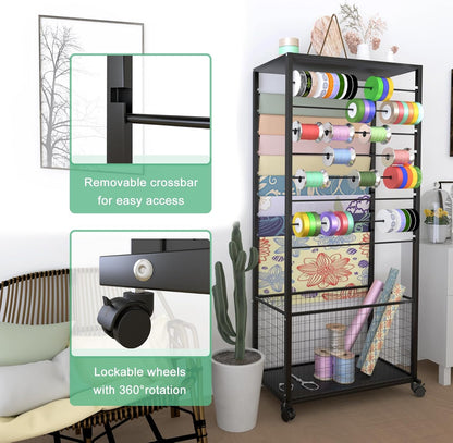 Skiennix 16-Tier Ribbon Organizer Rack - Double-Sided Craft Storage with Wheels | Metal Display Shelf