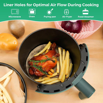 Vailnd Air Fryer Parchment Paper - 50 Unbleached Round Liners | 8.5-Inch Perforated Sheets for Baking & Cooking