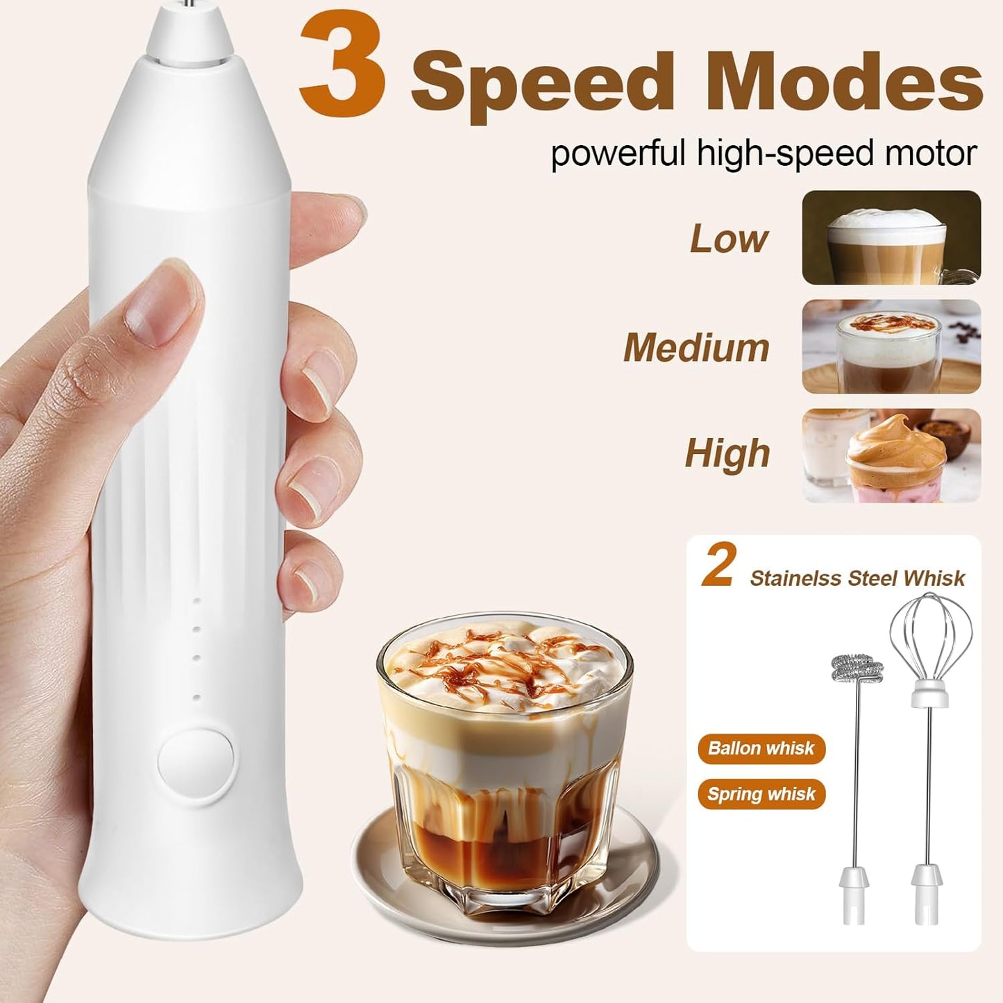 Skiennix Rechargeable Milk Frother - Handheld Electric Whisk with 2 Stainless Steel Whisks & 3 Speeds | Perfect for Coffee, Latte, Cappuccino, Matcha, Protein Shakes - White