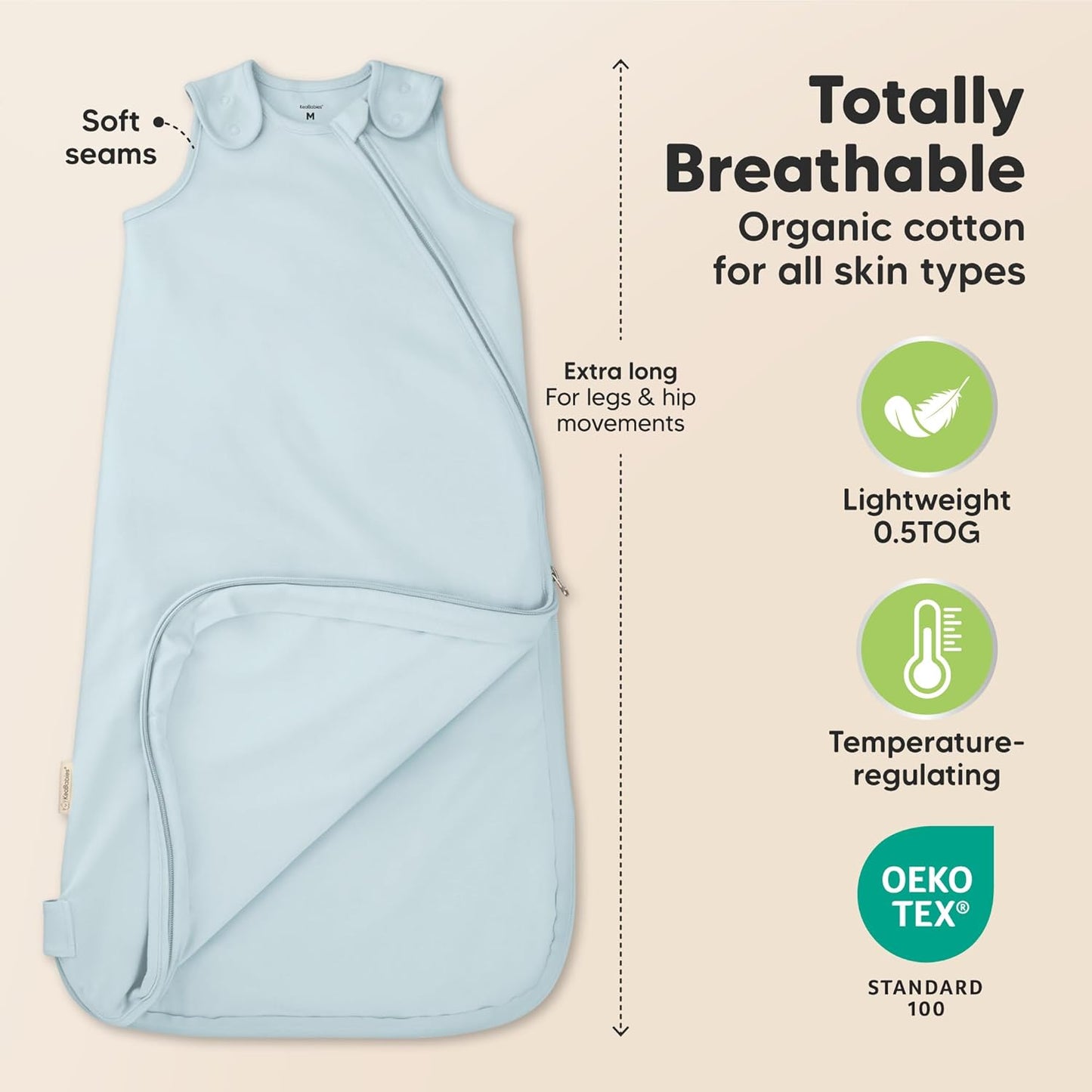 Skiennix Organic Baby Sleep Sacks - Soft & Breathable 100% Cotton Wearable Blankets | 0.5TOG, 6-18 Months (Glacier, M)
