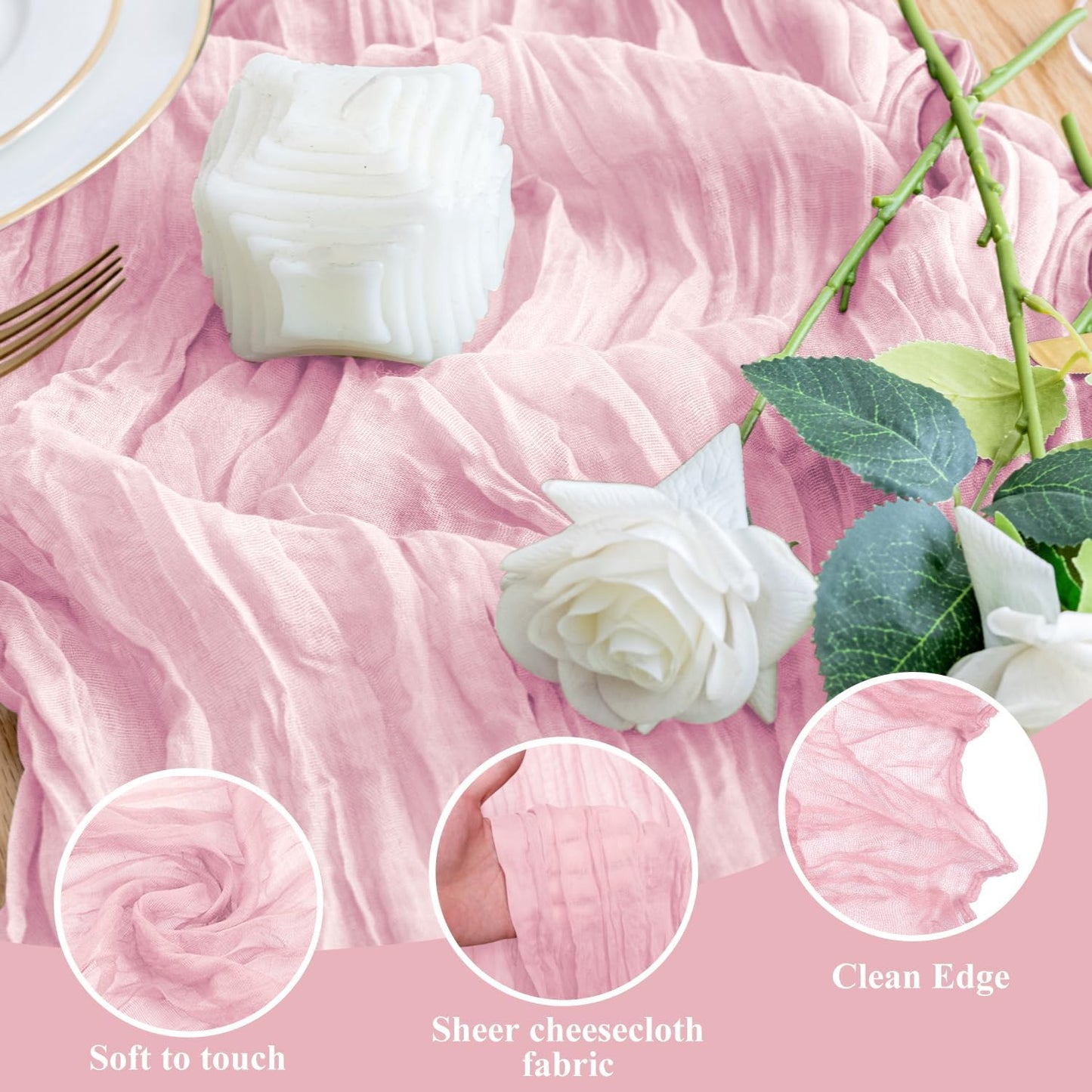 Wokceer Pink Cheesecloth Table Runner - 10FT Blushing Pink Boho Style for Weddings & Parties
