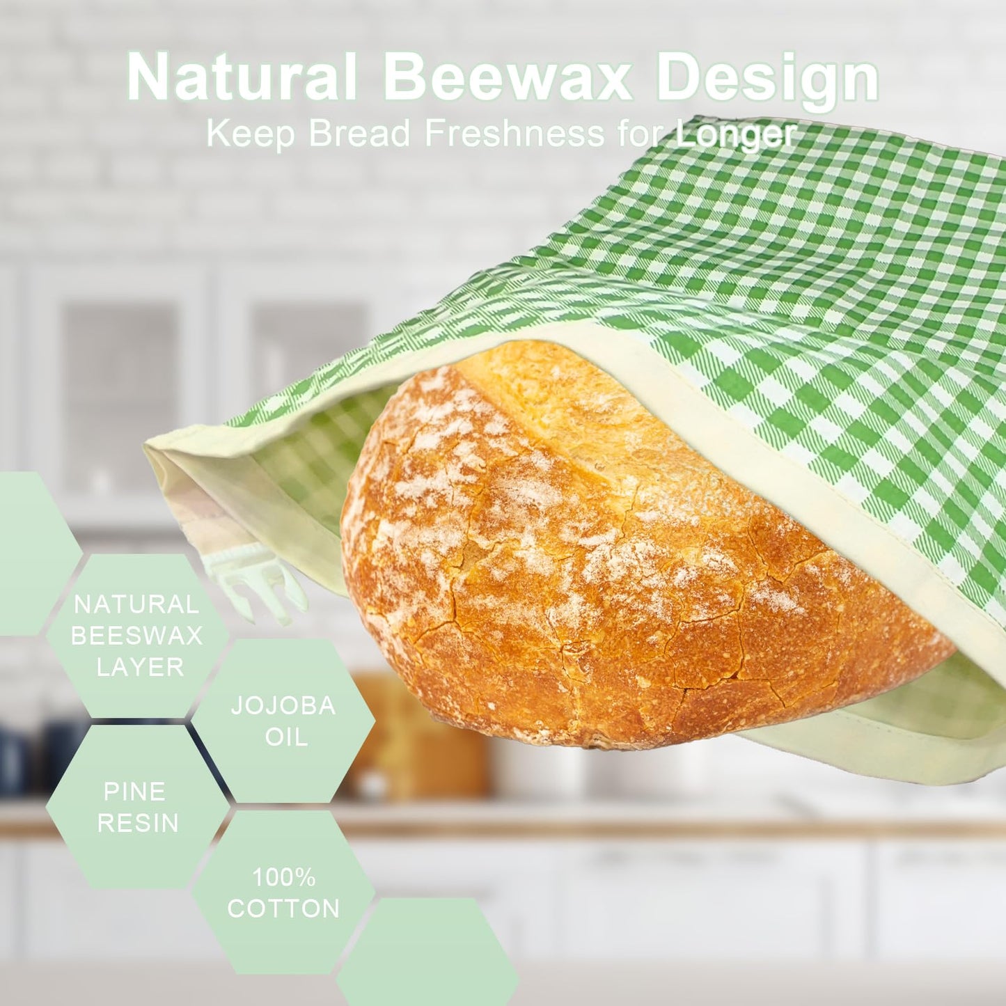Large Beeswax Bread Bags for Sourdough, 2 Packs Reusable Cotton Material, Ideal for Sourdough Bread Storage to Keep Fresh Lock Moisture, 17 X 13 Inch Green and White Pattern
