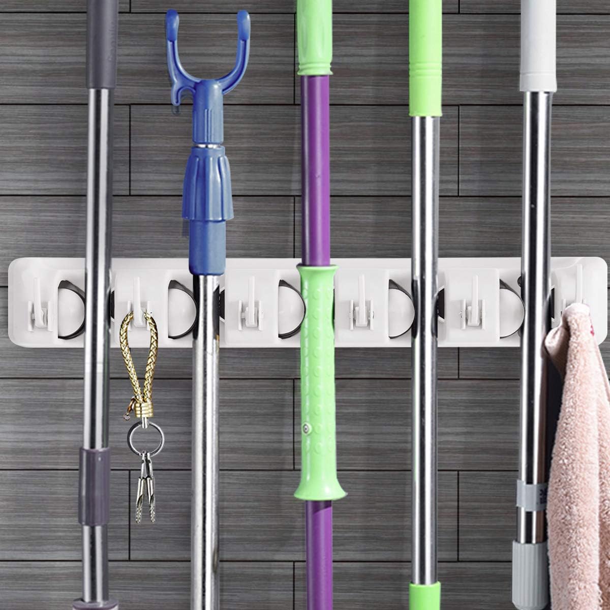 Tangkula Wall Mount Broom Holder - 5 Slot Organizer with 6 Hooks for Home, Garage & Kitchen (White)