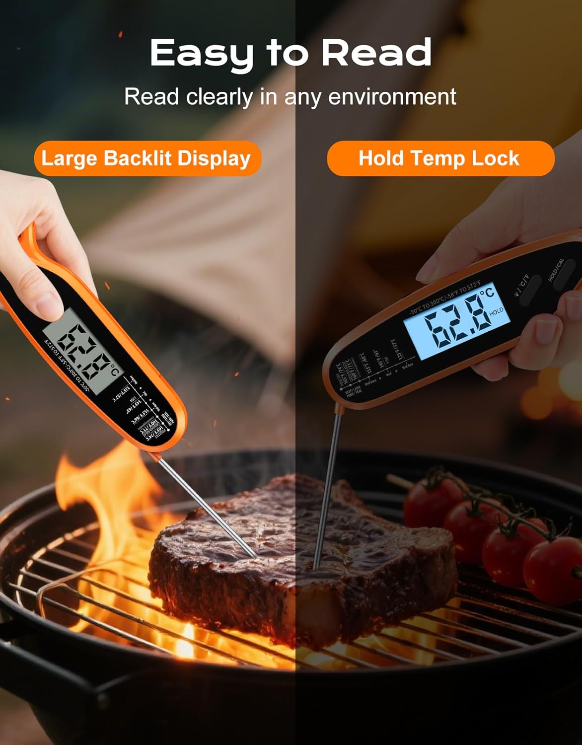 Skiennix Digital Meat Thermometer - Dual Probe Instant Read with Large Backlit Display | Perfect for BBQ, Grill, Oven, and Candy Cooking