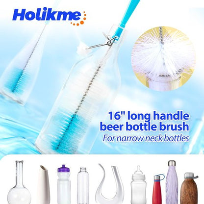 Holikme Bottle Brush Set - Long Handle Tube Cleaner for Narrow Neck Beer & Wine Decanters | White