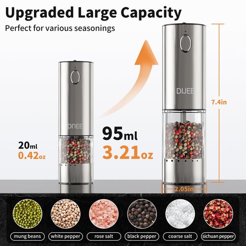 DIJEE 2Pack Electric Salt and Pepper Grinder Set with Tray USB Rechargeable Pepper Grinder Mill with LED Light Adjustable Coarseness Large Capacity Automatic Gravity Pepper Grinder for Kitchen