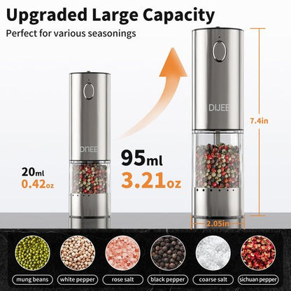 DIJEE 2Pack Electric Salt and Pepper Grinder Set with Tray USB Rechargeable Pepper Grinder Mill with LED Light Adjustable Coarseness Large Capacity Automatic Gravity Pepper Grinder for Kitchen