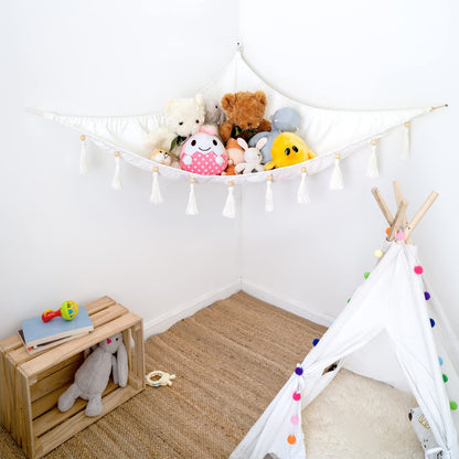 Mkono Stuffed Animal Hammock Corner Hanging Toy Organizer Storage with Tassels Plush Toys Net Holder Nursery Wall Bedroom Play Room Kid Room Decor