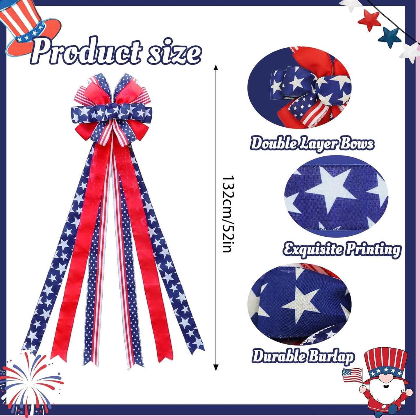 Skiennix Large 4th of July Tree Topper Bow - Pre-Tied Patriotic Ribbon for Wreaths | 52x13 Inch Red, Blue, White