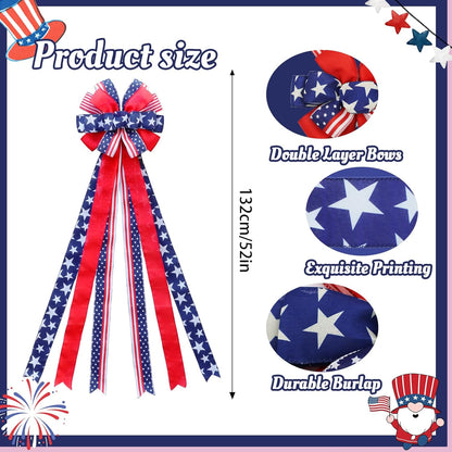 Skiennix Large 4th of July Tree Topper Bow - Pre-Tied Patriotic Ribbon for Wreaths | 52x13 Inch Red, Blue, White
